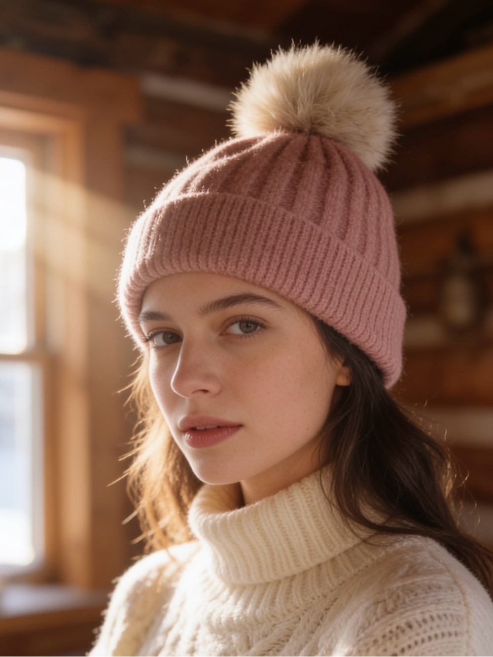 Aritzia Alxiliary Pink Knit Beanie with Fluffy Pom Pom
